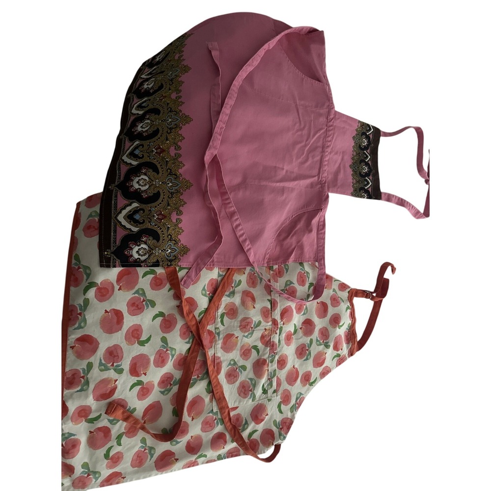 Williams Sonoma Pink Paisley & Hobby Lobby Peach Print Cotton Apron Set 2pc